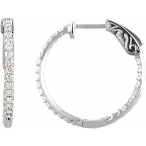 14K White Gold 3/4 CTW Diamond Inside-Outside 23 mm Hinged Hoop Earrings. 650183:102:P