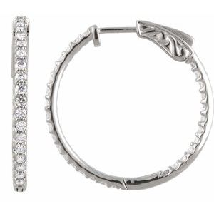 14K White Gold 1 CTW Diamond Inside-Outside 26.5 mm Hinged Hoop Earrings. 650183:103:P