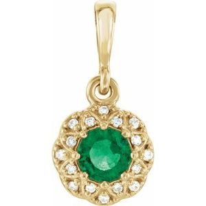 14K Yellow Gold Natural Emerald & .04 CTW Diamond Halo-Style Pendant
