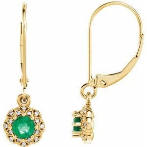 14K Yellow Gold Natural Emerald & .08 CTW Diamond Earrings