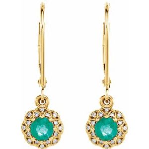 14K Yellow Gold Natural Emerald & .08 CTW Diamond Earrings