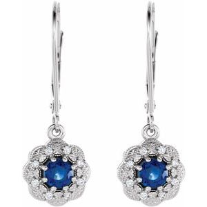 14K White Gold Natural Blue Sapphire & 1/10 CTW Diamond Halo-Style Earrings