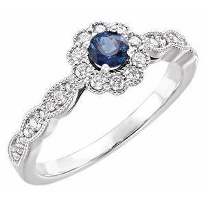 14K White Gold Round Natural Blue Sapphire 1/4 CTW Diamond Halo-Style Ring