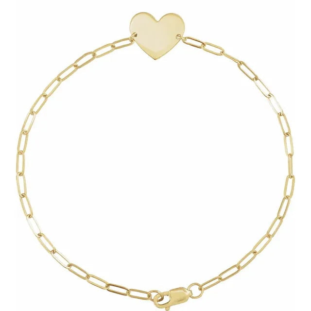 14K Engravable Paperclip Heart 7" Bracelet