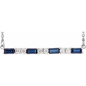 14K White Gold Natural Blue Sapphire & 1/6 CTW Diamond Bar 16-18" Necklace