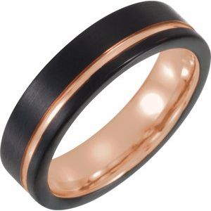 Black & 18K Rose Gold PVD Tungsten 6 mm Grooved Comfort-Fit Men's Band. TAR51907:1006:P