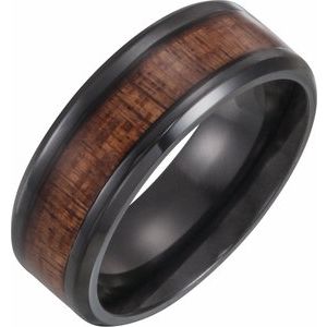 Black Titanium 8 mm Beveled-Edge Hawaiian Koa Wood Inlay Comfort-Fit Men's Band. 51958:610:P
