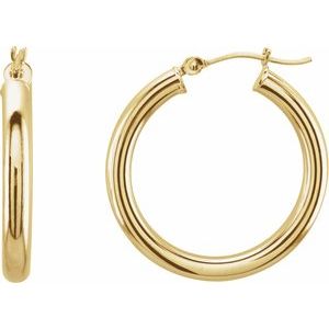 14K Yellow Gold Tube 25 mm / 3 mm Hoop Earrings. 20826:163874:P
