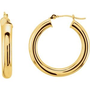 14K Yellow Gold Tube 25 mm / 4 mm Hoop Earrings. 20827:162644:P