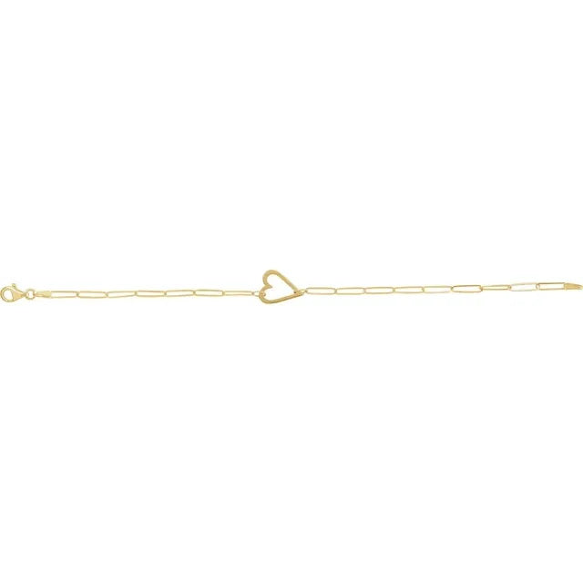 14K Yellow Heart & Paperclip-Style Chain 7" Bracelet