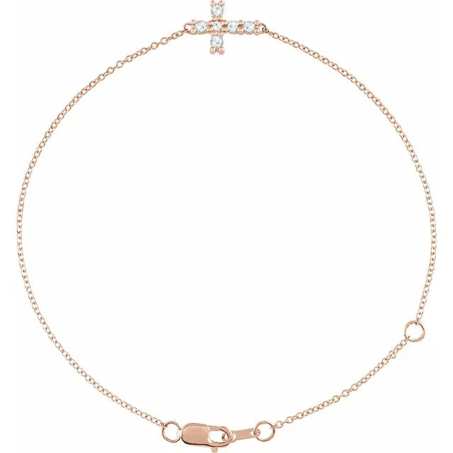 14K Rose Gold 1/8 CTW Rose-Cut Natural Diamond Sideways Cross 6 1/2-7 1/2" Bracelet