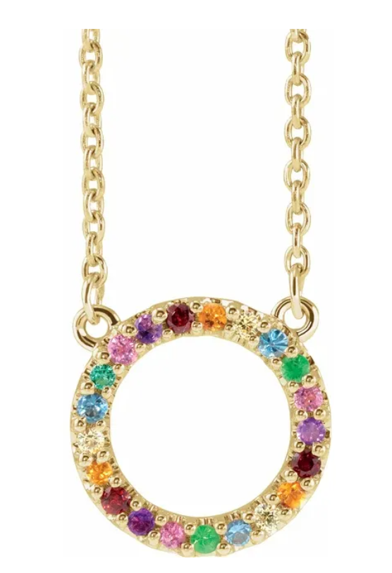 14K Yellow Gold Natural Multi-Gemstone Rainbow Circle 16" Necklace 688934:600:P