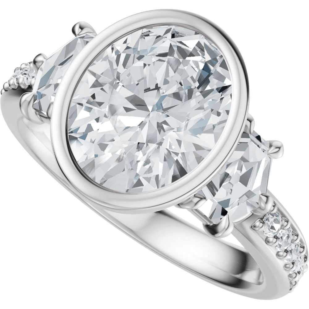14K White Gold Bezel-Set 10x8 mm Oval 1 1/8 CTW Diamond Three-Stone Accented Engagement Ring. 689468:LG713:P
