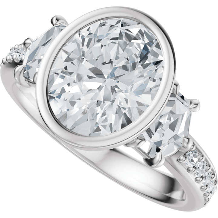 14K White Gold Bezel-Set 10x8 mm Oval 1 1/8 CTW Diamond Three-Stone Accented Engagement Ring. 689468:LG713:P