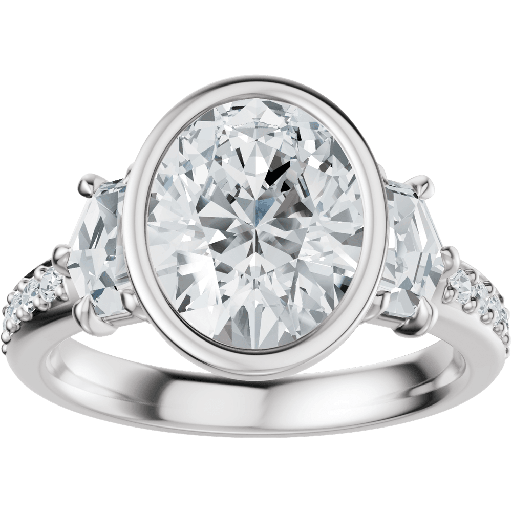 14K White Gold Bezel-Set 10x8 mm Oval 1 1/8 CTW Diamond Three-Stone Accented Engagement Ring. 689468:LG713:P