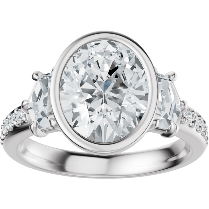 14K White Gold Bezel-Set 10x8 mm Oval 1 1/8 CTW Diamond Three-Stone Accented Engagement Ring. 689468:LG713:P