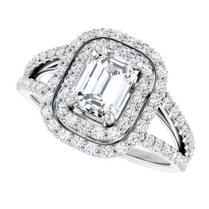 14K White Gold 7x5 mm Emerald Halo-Style Accented Engagement Ring. 122101:516:P