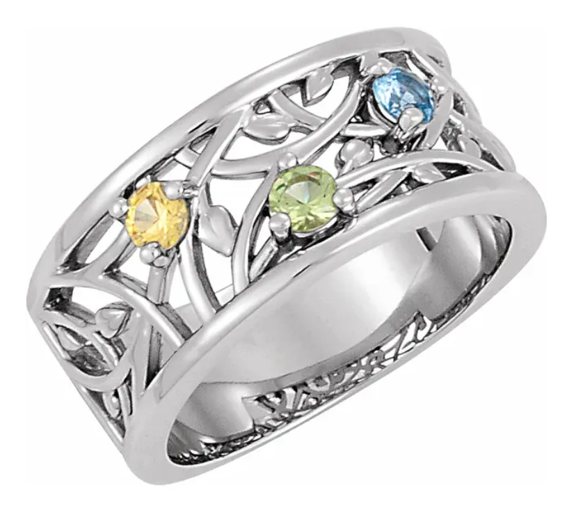 14K White Gold Three-Stone Family Floral Ring 71506:127:P