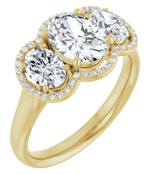 14K Yellow Gold 8x6 mm Oval Three-Stone Halo-Style Engagement Ring. 71602:321:P