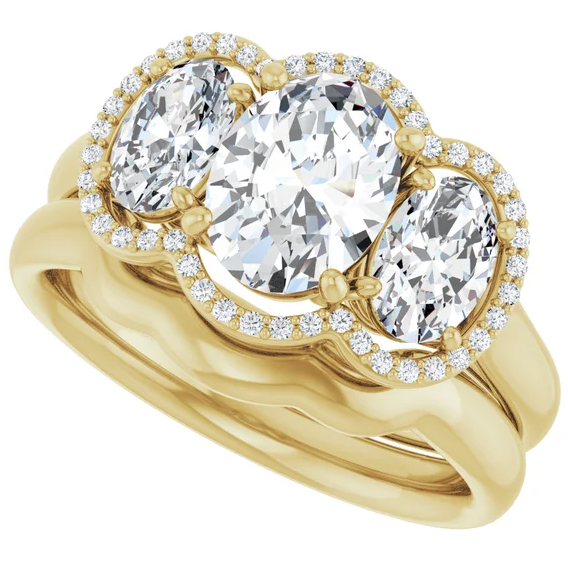 14K Yellow Gold 8x6 mm Oval Three-Stone Halo-Style Engagement Ring. 71602:321:P