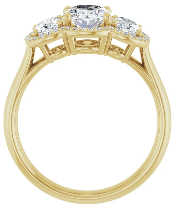 14K Yellow Gold 8x6 mm Oval Three-Stone Halo-Style Engagement Ring. 71602:321:P