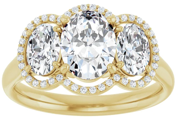 14K Yellow Gold 8x6 mm Oval Three-Stone Halo-Style Engagement Ring. 71602:321:P