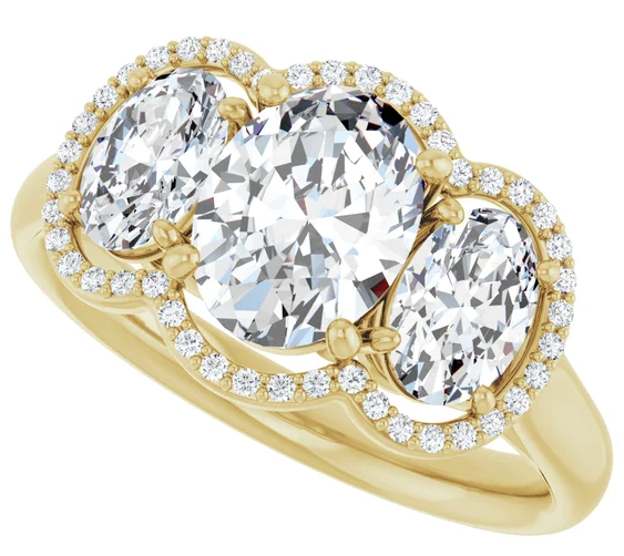 14K Yellow Gold 8x6 mm Oval Three-Stone Halo-Style Engagement Ring. 71602:321:P
