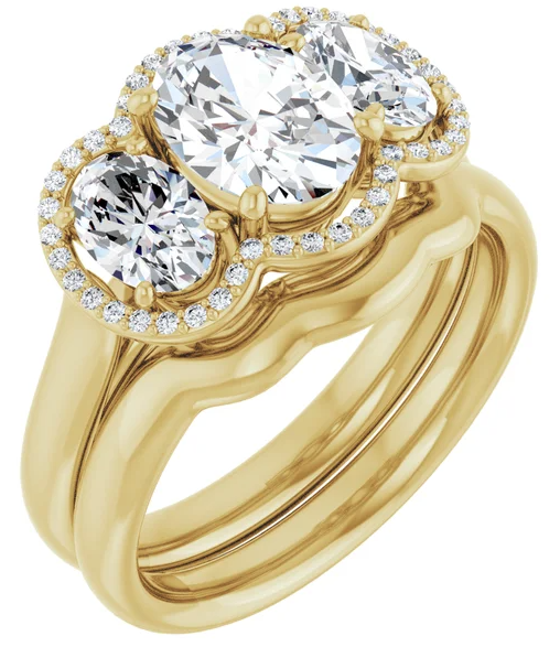 14K Yellow Gold 8x6 mm Oval Three-Stone Halo-Style Engagement Ring. 71602:321:P