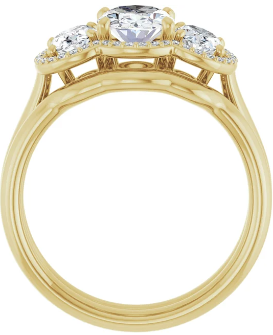 14K Yellow Gold 8x6 mm Oval Three-Stone Halo-Style Engagement Ring. 71602:321:P
