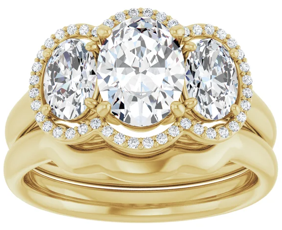 14K Yellow Gold 8x6 mm Oval Three-Stone Halo-Style Engagement Ring. 71602:321:P