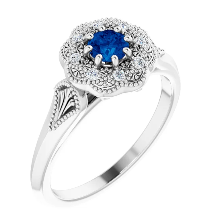 14K White Gold Natural Blue Sapphire & .06 CTW Diamond Ring Vintage-Inspired Halo-Style Ring