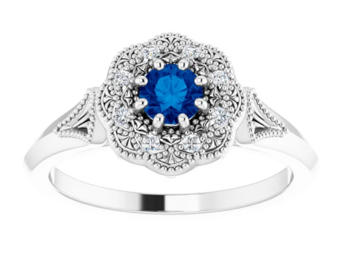 14K White Gold Natural Blue Sapphire & .06 CTW Diamond Ring Vintage-Inspired Halo-Style Ring