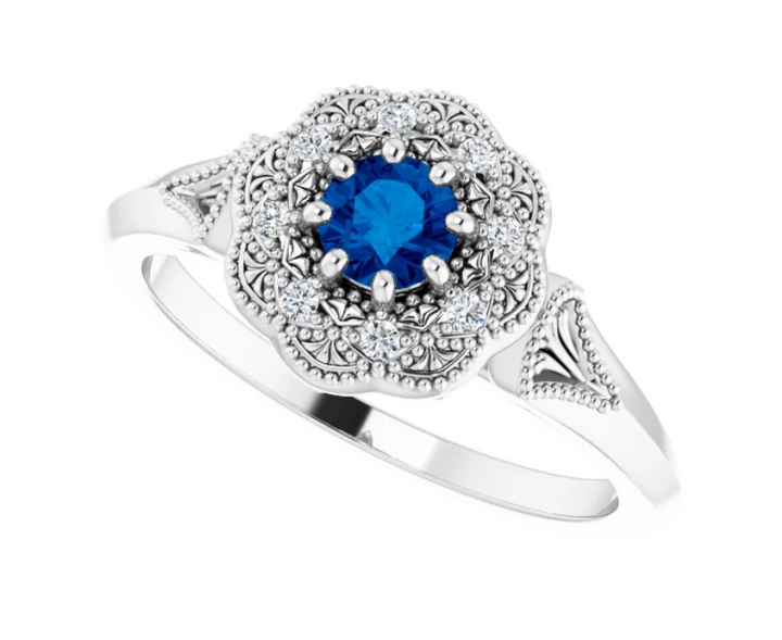 14K White Gold Natural Blue Sapphire & .06 CTW Diamond Ring Vintage-Inspired Halo-Style Ring