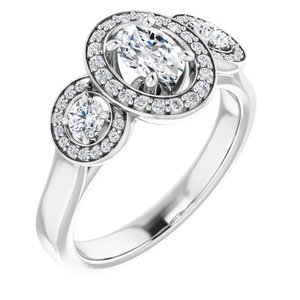 14K White Gold 6x4 mm Oval Three-Stone Halo-Style Engagement Ring. 122548:285:P
