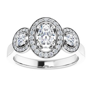 14K White Gold 6x4 mm Oval Three-Stone Halo-Style Engagement Ring. 122548:285:P