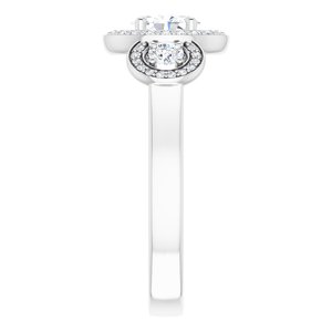 14K White Gold 6x4 mm Oval Three-Stone Halo-Style Engagement Ring. 122548:285:P