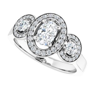 14K White Gold 6x4 mm Oval Three-Stone Halo-Style Engagement Ring. 122548:285:P