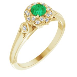 14K Yellow Gold Natural Emerald & 1/10 CTW Diamond Ring