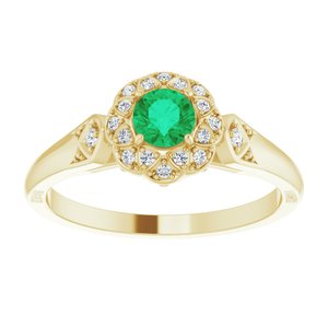 14K Yellow Gold Natural Emerald & 1/10 CTW Diamond Ring
