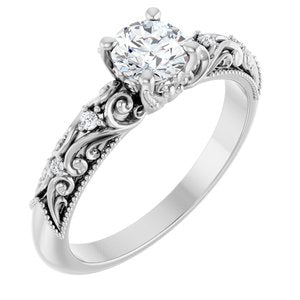 14K White Gold 5.2 mm Round .03 CTW Diamond Accented Sculptural Engagement Ring. 123442:600:P