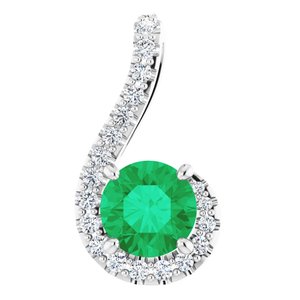 14K White Gold Natural Emerald & 1/6 CTW Diamond Pendant