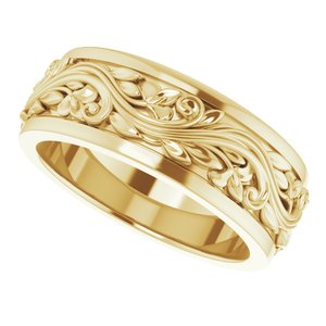 14K Yellow Gold 7 mm Floral Inlay Flat Band. 51777:102:P