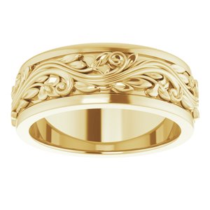 14K Yellow Gold 7 mm Floral Inlay Flat Band. 51777:102:P