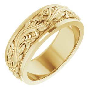 14K Yellow Gold 7 mm Floral Inlay Flat Band. 51777:102:P