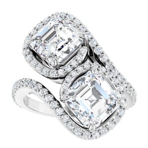 14K White Gold 7 mm Asscher Two-Stone Halo-Style Bypass Accented Engagement Ring. 123107:435:P