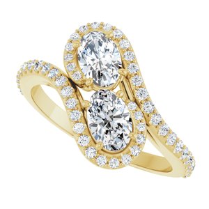 14K Yellow Gold 6x4 mm Oval Two-Stone Halo-Style Bypass Accented Engagement Ring. 123107:271:P