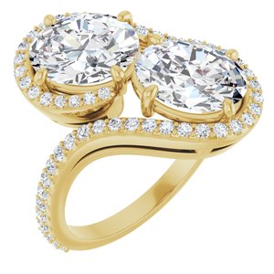 14K Yellow Gold 9x7 mm Oval Two-Stone Halo-Style Bypass Accented Engagement Ring. 123107:316:P