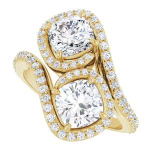 14K Yellow Gold 6 mm Cushion Two-Stone Halo-Style Bypass Accented Engagement Ring. 123107:361:P