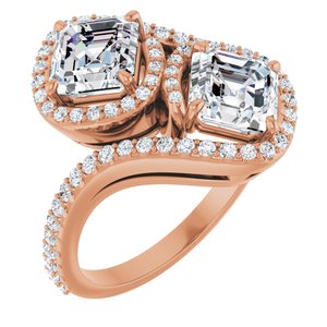 14K Rose Gold 6 mm Asscher Two-Stone Halo-Style Bypass Accented Engagement Ring. 123107:419:P