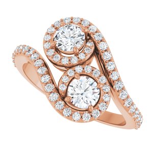 14K Rose Gold 4.1 mm Round Two-Stone Halo-Style Bypass Accented Engagement Ring. 123107:103:P